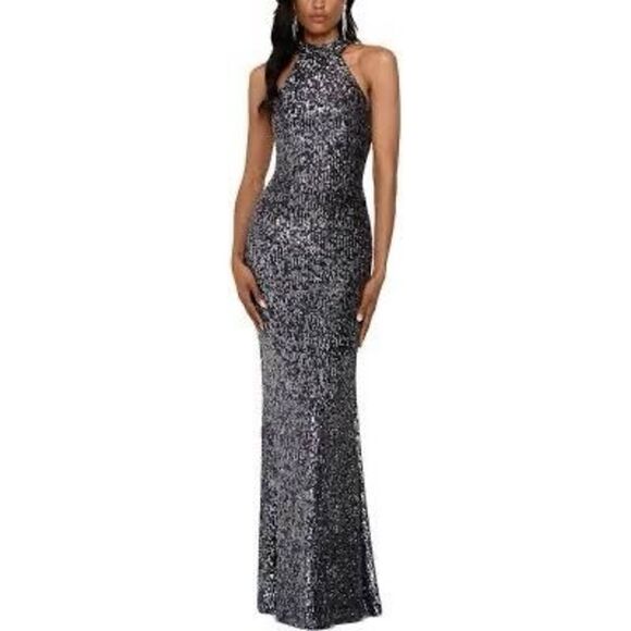 Betsy Adam Women's 4 Sequin Halter Evening Gown Black Metallic Glitz Glam Party
